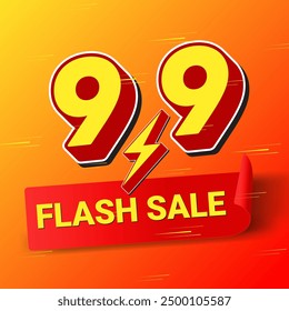 9.9 Flash Sale shopping banner with Red Ribbon Label Sticker curl,3D Minimal long shadow text with thunder icon, Fast Lines for Flash Sales campaign, special offers use to your Store website