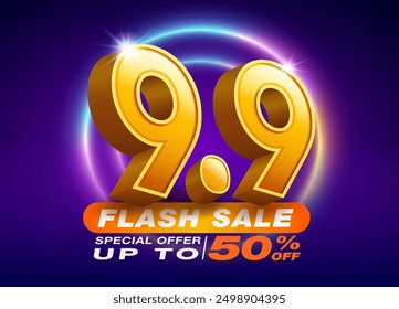 9.9 Flash Sale Einkaufsvorlage mit 3D-Text Nummer 9 auf dunklem Hintergrund und bunten LED-Neonleuchten. Flash Sales Kampagne, Sonderangebote bis zu 50% Rabatt, Design für Werbung.