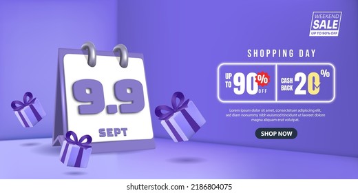 9.9 Mega Sale with 3D Calendar. September sales banner template design for social media and website.