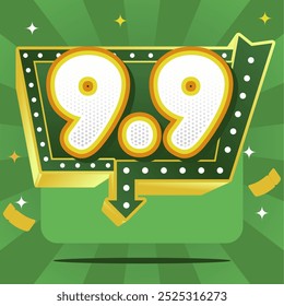 Banner 9.9 Mega Sale com números arrojados em estilo de neon, setas pontilhadas, fundo verde vibrante e confete. Destacando grandes descontos e ofertas emocionantes!