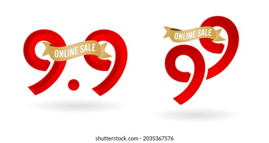 9.9 Mega sale, 9.9 online sale, with gradient red and golden ribbon applicable poster or flyer design, social media banner, online shop promotion, web banner store and retail, agency advertise media