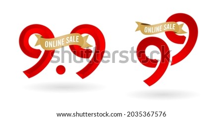 9.9 Mega sale, 9.9 online sale, with gradient red and golden ribbon applicable poster or flyer design, social media banner, online shop promotion, web banner store and retail, agency advertise media
