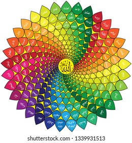 99 names of Allah - Asmaul Husna in beautiful circle. vector Arabic calligraphy. suitable for print. placement on poster and website Islamic education
