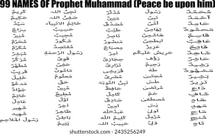 99 names of prophet muhammad,  Vector of Arabic calligraphy name of Prophet, Shallallahu 'alaihi wasallam, is a phrase muslim usually recited after uttering name of the Prophet Muhammad 