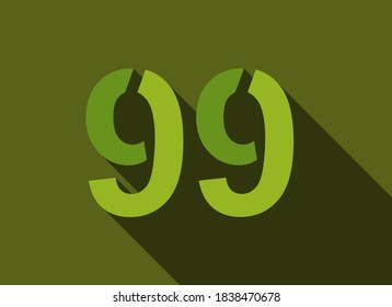 99 Number with long shadow, green colors cutting style. For logo, brand label, design elements, corporate identity, application & more. Vector editable illustration.