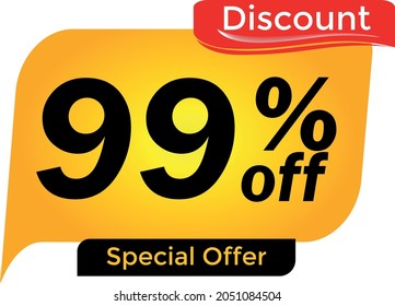 99% off, 99 percent promotion for offers, great deals, big sale, reduction. Yellow and red tag