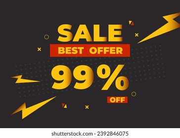 99% off sale best offer. Sale banner with ninety nine percent of discount, coupon or voucher vector illustration. Yellow and red template for campaign or promotion.