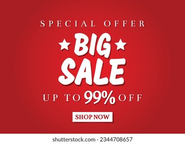 99 % Rabatt. Sonderangebot Großverkaufsbanner, bis zu 99% Rabatt jetzt. Big-Sale-Banner für soziale Medien einzeln auf rotem Farbverlauf-Hintergrund