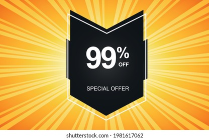 99% off. Yellow banner with ninety-nine percent discount on a black balloon for mega offers.


