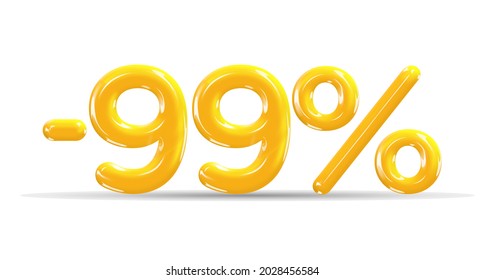 99 percent Off. Discount creative composition of golden or yellow balloons. 3d mega sale or ninety nine percent bonus symbol on white background. Sale banner and poster. Vector illustration.