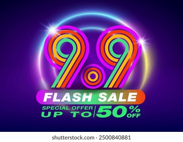 9.9 Sale Promotion-Vorlage, 3D-Text Nummer Neun auf dunklem Hintergrund und bunte Neonlichter. Flash Sales Campaign, Sonderangebot bis zu 50% Rabatt. Design für Werbung und Vertrieb.