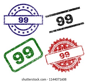 99 seal imprints with corroded texture. Black, green,red,blue vector rubber prints of 99 tag with retro texture. Rubber seals with circle, rectangle, rosette shapes.