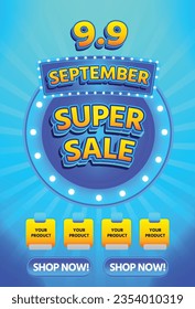 9.9 SEPTEMBER SUPER SALE DISCOUNT CASHBACK PROMO 3D TEXT EDITABLE