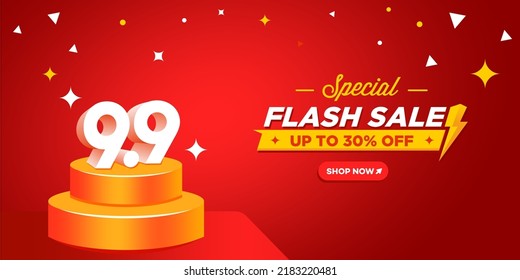 9.9 Shopping day banner with orange podium scene on red background. flash Sale online shopping banner template design for social media and website.