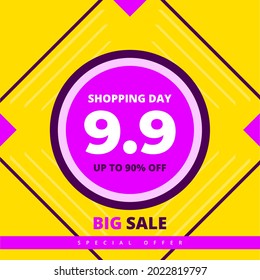 9.9 Shopping day colorful hot sale promotion banner with circle in center. 9 september sale banner template. Big sale limited time offer square social media multicolored banner. Vector illustration