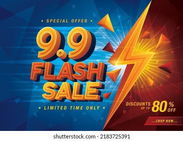 9.9 Shopping Day Flash Sale Banner Template design special offer discount, Shopping banner template, Abstract flash Sale Web Header template design for Sale and discount labels. Sale promotion poster