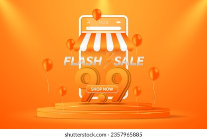 9.9 Shopping Day Flash Sale The number 9.9 is on an orange podium with a smartphone in the background for website or social media promotion and online shopping.	