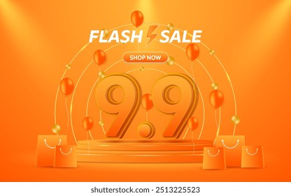 9,9 Shopping Day Flash Sale número 9,9 está em um pódio laranja. Para promoções em sites ou mídias sociais e compras on-line.	