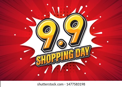 9.9 Shopping Day font expression pop art comic speech bubble. Vector illustration