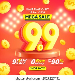 9.9 Shopping day Poster or banner with flying gold coins.Sales banner template design for social media and website.Special Offer Sale 90% Off campaign or promotion..Vector illustration eps 10