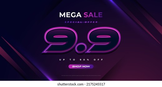 9.9 Shopping Day Poster or Banner Design with 90% Off. Sale Banner Template Design for Social Media or Website. Special Offer Sale Campaign and Promotion