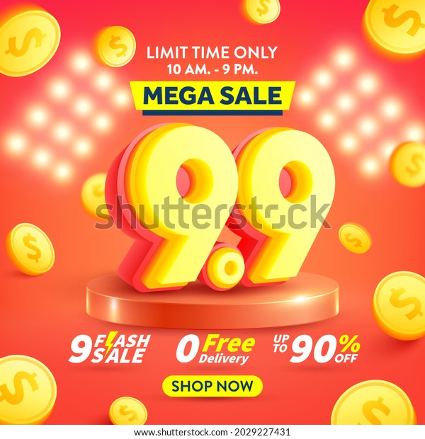 9.9\
Shopping day Poster or banner with flying gold coins.Sales banner\
template design for social media and website.Special Offer Sale 90%\
Off campaign or promotion..Vector illustration eps\
10
