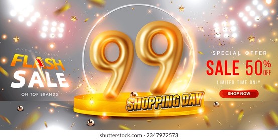 9.9 shopping day Sale Banner Template.Big sale event on the stage of the spotlight LED and neon lightning. Shopping day nine-month online sale. Special Offer Sale 50% Off campaign or promotion. Vector