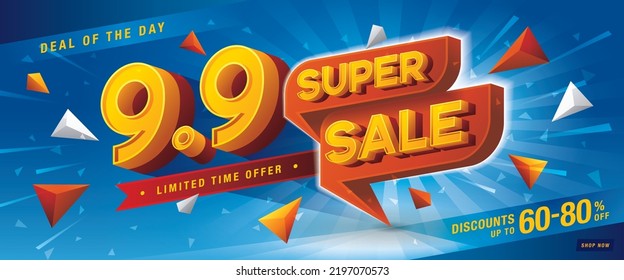 9.9 Día de compras Superventa Plantilla de Banner de diseño oferta especial de descuento, plantilla de banner de compras, Abstract Geometric Web Header de diseño para etiquetas de venta y descuento. Cartel de promoción de ventas