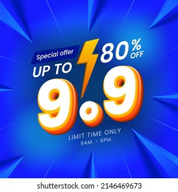 9.9 venta especial banner del día de compras con fondo azul. Uso para medios sociales y sitios web. Oferta especial Venta 80% fuera de campaña o promoción.