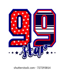 99 star t shirt design for boy and girl. Teenagers university style. Number with stars pattern,line. Colourful illustration