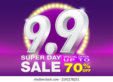 9.9 Super day sale poster or banner template design. Big sale event on the stage of the spotlight LED and neon lightning. Ads for web, social media, shopping online.