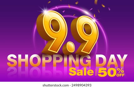 9.9 template August promotion. 3D number nine on dark background and neon LED lights. Promotional campaign design for advertising, online shopping on social media. 3D vector illustration.