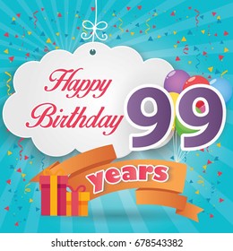 99 th birthday celebration greeting card origami paper art design, birthday party poster background with clouds, balloon, ribbon and gift box full color. ninety nine years anniversary celebrations