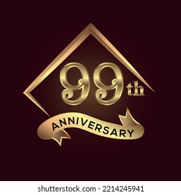 99 year anniversary celebration. Anniversary logo with square and elegance golden colour isolated on red background, vector design for celebration, invitation card, and greeting card