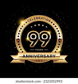 99 year anniversary logo with a number and golden ribbon, vector template