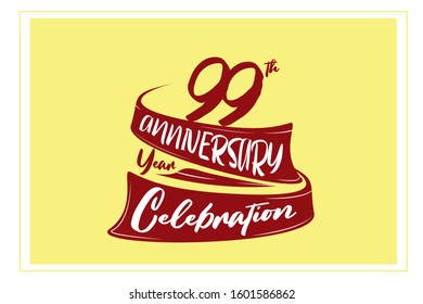 99 year anniversary Red Ribbon, minimalist logo, greeting card. Birthday invitation. Red space vector illustration on yellow background - Vector