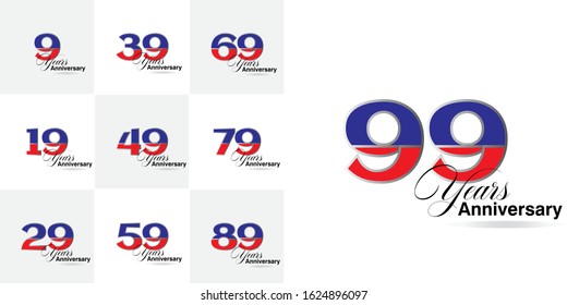 99 Year Anniversary Set 9, 19, 29, 39, 49, 59, 69, 79, 89, Vector Template Design Illustration