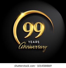 99 years anniversary celebration. Anniversary logo with ring and elegance golden color isolated on black background, vector design for celebration, invitation card, and greeting card
