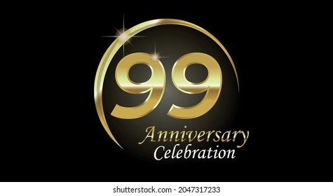 99 years anniversary celebration. Anniversary logo with ring in golden color isolated on black background with golden light, vector design for celebration, invitation card and greeting card