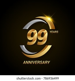 99 Years Anniversary Celebration Logotype. Golden Elegant Vector Illustration with Swoosh, Isolated on Black Background can be use for Celebration, Invitation, and Greeting card
