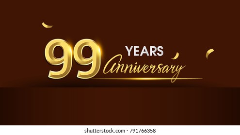 99 years anniversary celebration logotype. anniversary logo with golden color and gold confetti isolated on dark background, vector design for celebration, invitation card, and greeting card