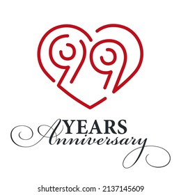 99 years anniversary celebration number thirty bounded by a loving heart red modern love line design logo icon white background