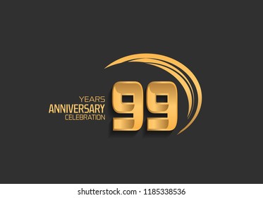 99 years anniversary golden design logotype with swoosh. Vector template for use in celebration company event, greeting card, and invitation card