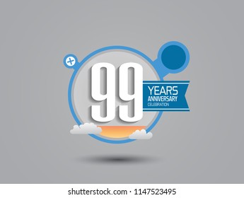 99 years anniversary illustration style with blue circle, orange fluid and cloud for party celebration event