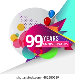 99 Years Anniversary logo with balloon and colorful geometric background, vector design template elements for your birthday celebration.