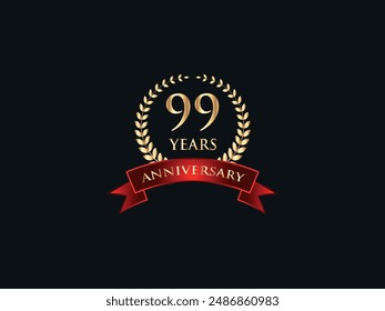 99 Years Anniversary Logo. Celebrating Success. Symbol of Eternal Achievement. Proud Heritage. Logo with Laurel Wreath and Ribbon. Years of Glorious Memories. Jubilee of Joy. Golden Celebratory Crest.