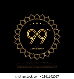 99 years anniversary logo with golden color and laurel, isolated on black background for booklet, leaflet, magazine, brochure poster, banner, web, invitation or greeting card. Vector illustrations.