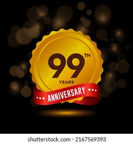 99 years anniversary logo with ribbon, golden Anniversary for booklet, leaflet, magazine, brochure poster, banner, web, invitation or greeting card. Vector illustrations.