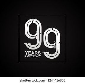 99 years anniversary logotype with cross hatch pattern silver color inside square.