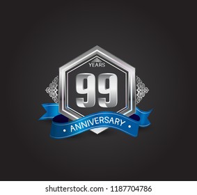 99 years anniversary logotype design with blue ribbon, silver hexagon, and ornament isolated on dark background. Vector template for celebration company event, greeting card, and invitation card